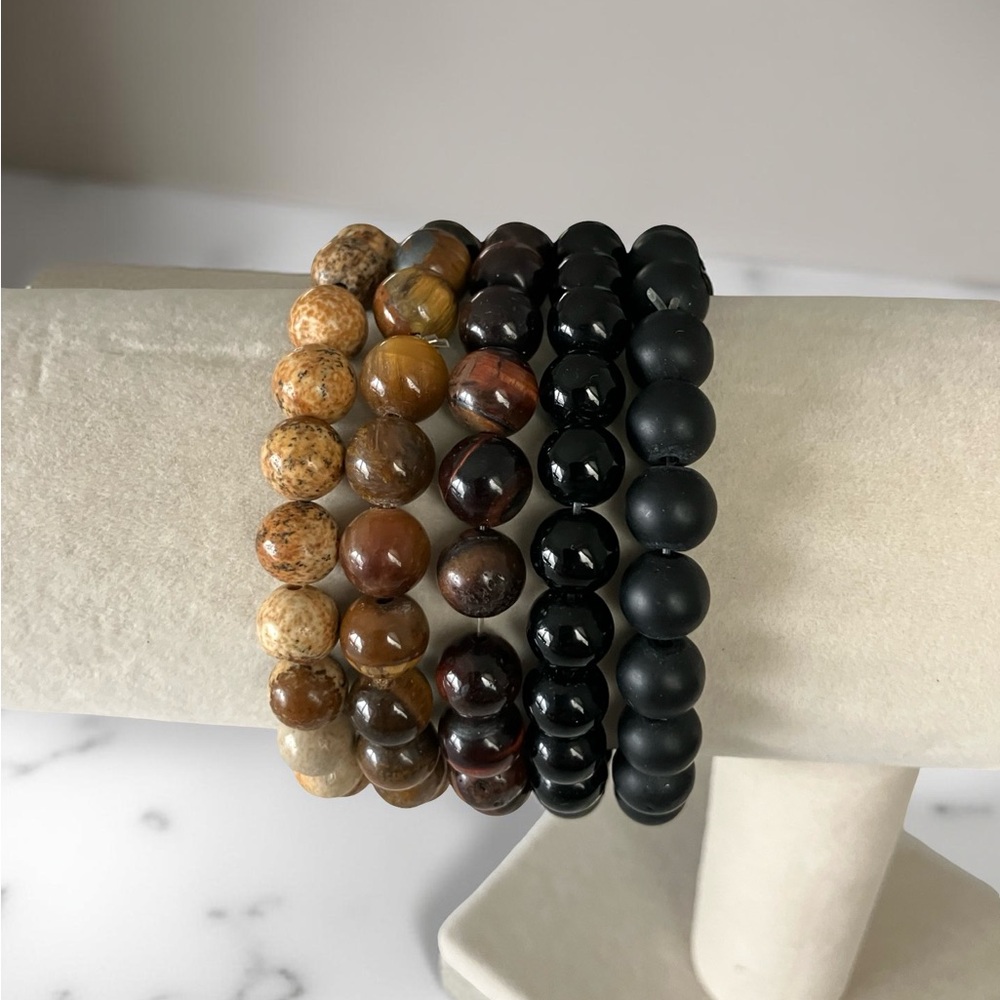 Set 5 Beaded Bracelets Stackable Stretch Brown Bl… - image 5